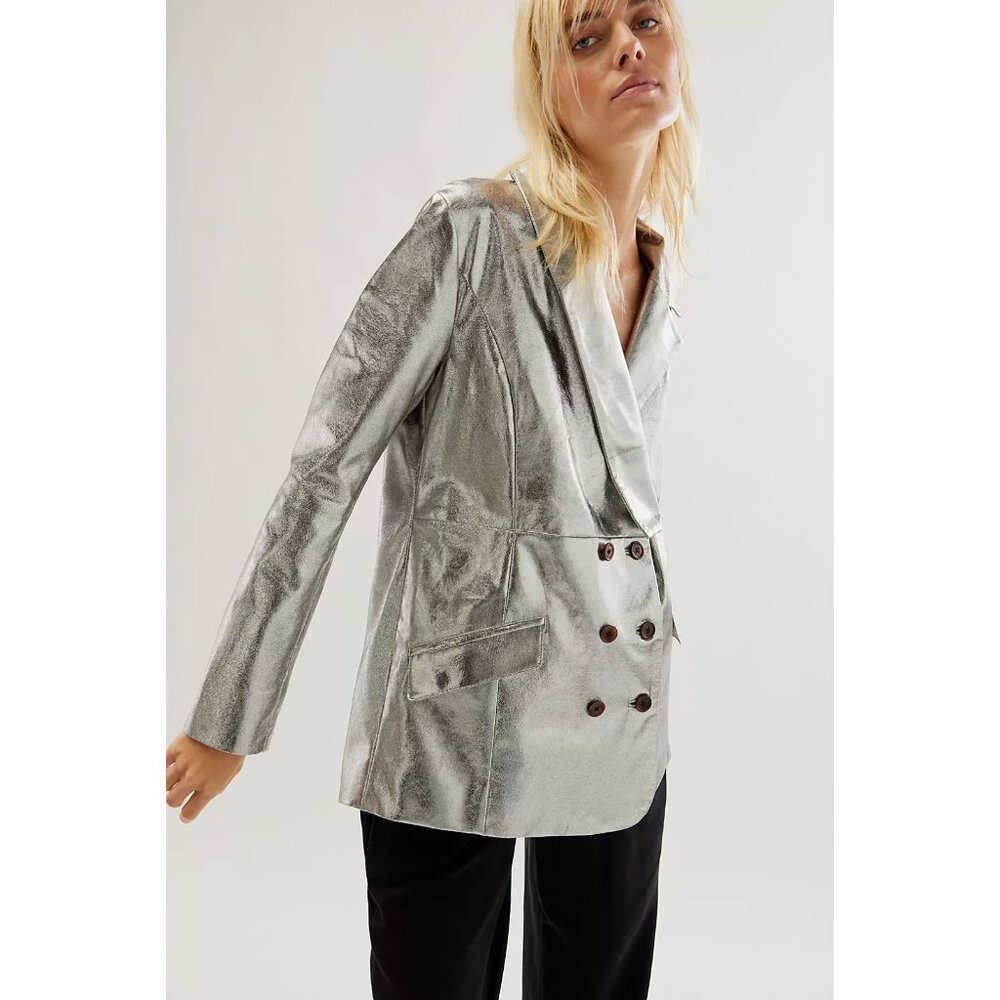 Free People Nicholas K Elise Blazer Silver Metallic Jacket Size XL